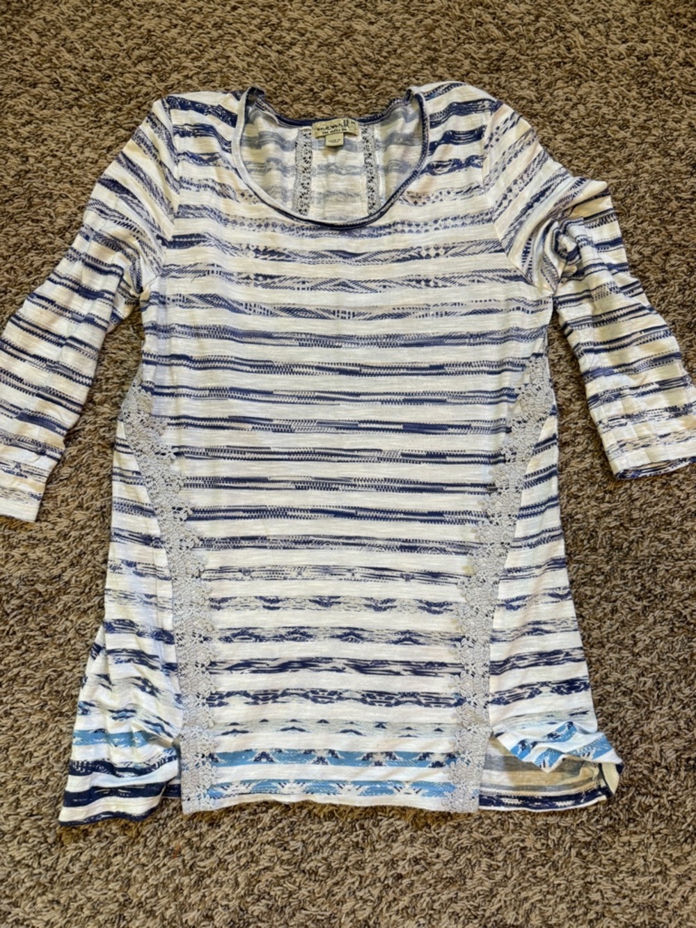 ONE WORLD Blue & White Striped Top with Lace Panels